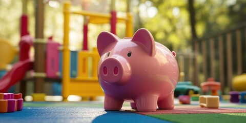 Aufkleber - A pink piggy bank sits on a colorful play mat in a children's playground setting.