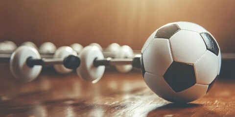 Poster - A close-up of a soccer ball on a foosball table, highlighting leisure and gameplay.
