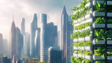 Poster - A city skyline with a vertical farming building producing fresh vegetables.