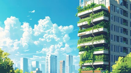 Poster - A city skyline with a vertical farming building producing fresh vegetables.