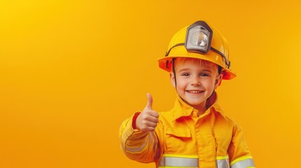 Poster - A young boy in a firefighter outfit gives a thumbs-up against a bright yellow background.