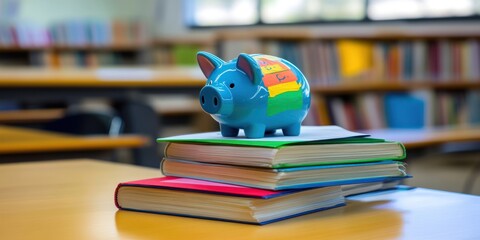 Aufkleber - A blue piggy bank sits atop colorful books in a classroom setting, symbolizing financial literacy.
