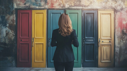 A businesswoman pauses before several doors, keys in hand, deciding which path to take.  Making tough choices is key to career success and finding good opportunities.