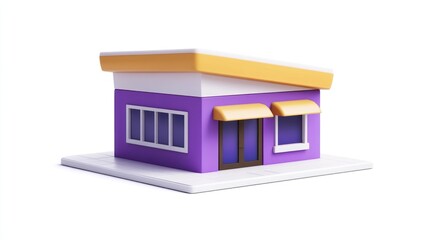 Poster - A small, colorful commercial building with a purple exterior and yellow accents.