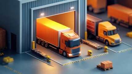 Poster - A warehouse scene with trucks loading and unloading cargo.