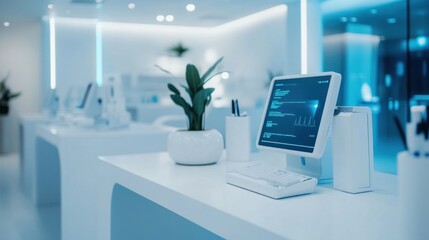 Poster - Modern workspace featuring a computer, keyboard, and potted plant in a sleek environment.