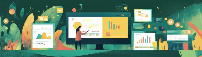 Poster - A digital workspace showcasing data analysis and visualizations in a vibrant, nature-inspired setting.