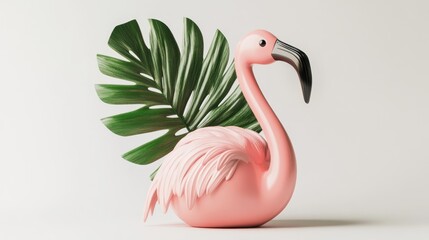 Poster - A whimsical pink flamingo figurine with a green palm leaf backdrop.