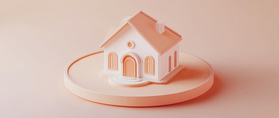 Poster - A stylized 3D model of a house on a circular base with a soft color palette.