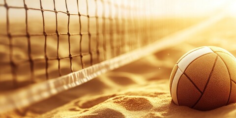 Poster - A beach volleyball rests on the sand near a net, illuminated by warm sunlight.