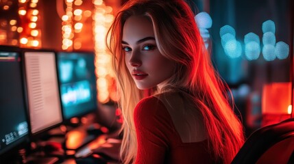 Poster - A young woman with long hair sits in a dimly lit room with computer screens, creating a gaming atmosphere.