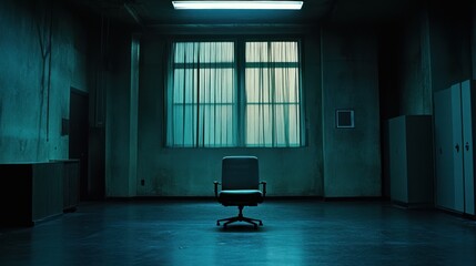 Aufkleber - A dimly lit, empty room featuring a solitary chair, evoking a sense of isolation.