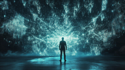 Poster - A man stands in a glowing, 3D blockchain network.  It's an image about the future of cryptocurrency.