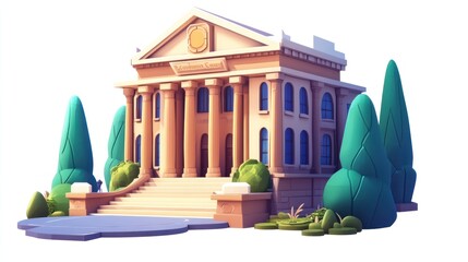 Poster - A stylized building with steps, columns, and surrounding trees, resembling a public institution.