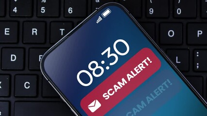 Poster - Scam Alert Notification on Mobile Screen seamless loop 4k animation. Spam and scams online concept design, smartphone, fraud, alert message
