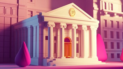 Poster - A stylized architectural building with columns and vibrant trees, suggesting a financial institution.