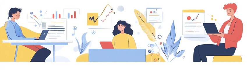 Poster - Three people working on laptops surrounded by graphs and notes, illustrating teamwork and productivity.