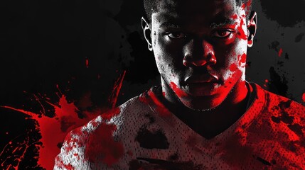 Aufkleber - A dramatic portrait of an athlete with a fierce expression and splashes of red paint.