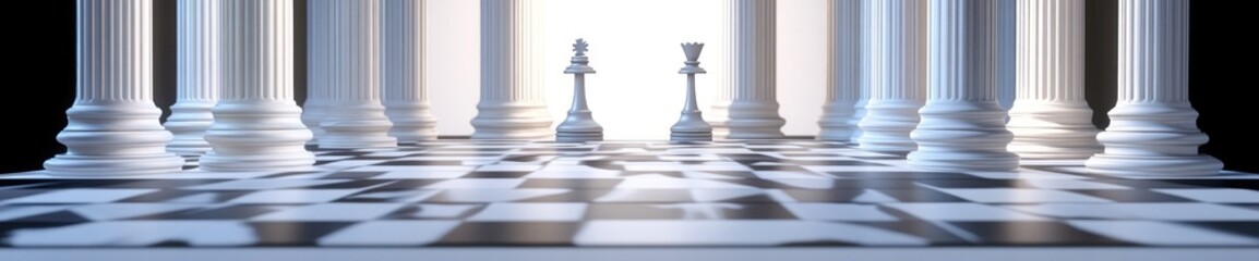 Aufkleber - A surreal chess scene with columns and light, emphasizing strategy and competition.