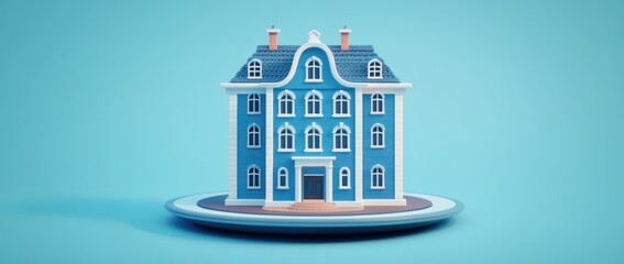 Poster - A stylized blue house model displayed on a circular platform against a light blue background.