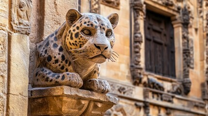 Poster - A detailed stone sculpture of a leopard resting on a ledge, showcasing intricate craftsmanship.