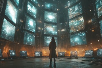 Poster - Exploring the digital frontier futuristic cityscape with towering screens urban environment technology concept