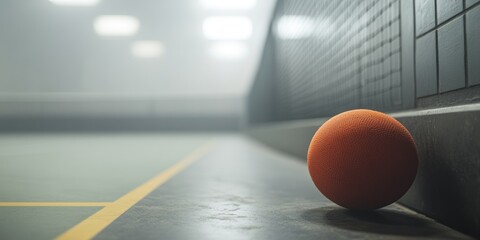 Aufkleber - A close-up of an orange ball resting on a gym floor near a wall.