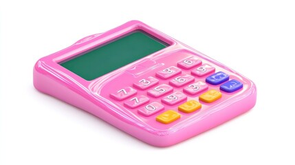Poster - A pink calculator with a digital display and colorful buttons for basic arithmetic tasks.
