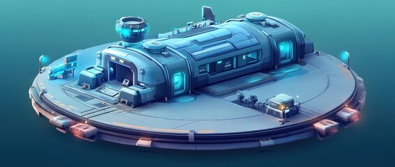Poster - A futuristic, circular building with glowing elements, resembling a sci-fi facility.