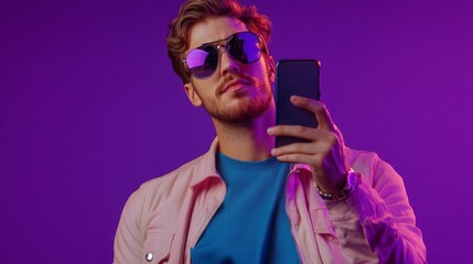 Poster - A man is taking a selfie with his cell phone, wearing sunglasses