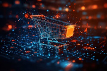 Poster - Futuristic shopping cart soaring through a virtual marketplace digital realm animation