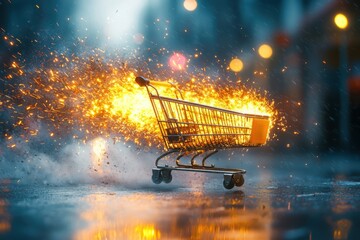 Poster - Flying shopping cart soars through a virtual marketplace immersive digital environment futuristic concept for modern consumers