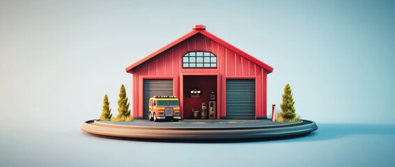 Poster - A stylized red garage with a fire truck and trees, showcasing a miniature scene.