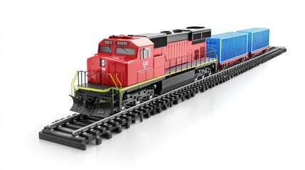 Poster - A red locomotive with blue cargo containers on a railway track.