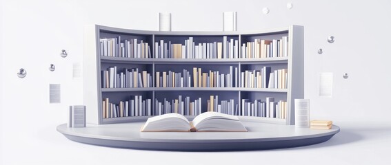 Aufkleber - A modern, minimalist library display with open books and shelves.
