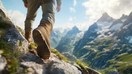 Poster - A man is walking on a rocky mountain trail