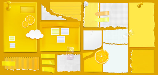 Poster - Bright yellow moodboard with ripped paper elements, sticky notes and grid pages. Decorated with orange slice, white cloud shape and postage stamps. Various torn notepad sheets and tacked envelopes.