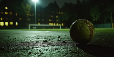 Poster - A tennis ball rests on a dimly lit sports field at night, with a goalpost in the background.