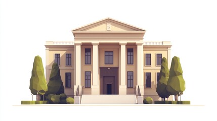 Poster - A stylized depiction of a classical building with steps and surrounding greenery.