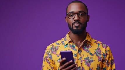 Aufkleber - A man wearing a yellow shirt is holding a purple cell phone