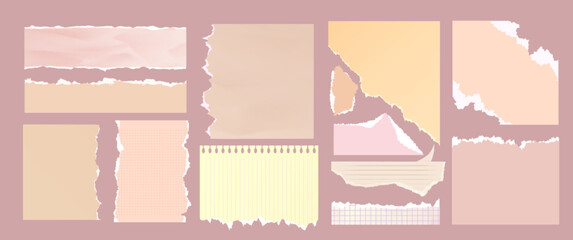 Poster - Ripped paper pieces set isolated on beige background. Vector realistic illustration of blank torn notepad pages with uneven edges, empty notebook sheets for message, yellow and pink memory notes
