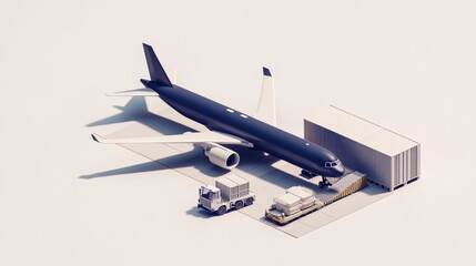 Poster - A stylized airplane with cargo containers and trucks, illustrating transport logistics.