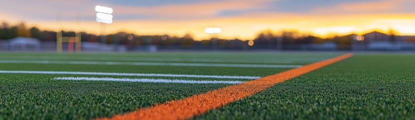 Aufkleber - A close-up view of a football field at sunset, highlighting the turf and yard lines.