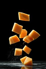 Poster - Floating cubes of orange cheese against a black background, capturing dynamic motion.