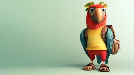 Aufkleber - A cartoon parrot wearing a yellow shirt and backpack, standing against a light background.