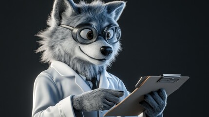 Poster - A cartoon wolf in a lab coat examines a clipboard, suggesting a scientific or research context.