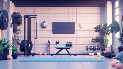 Wall Mural - A modern home gym featuring weights, a bench, and fitness equipment for workouts.