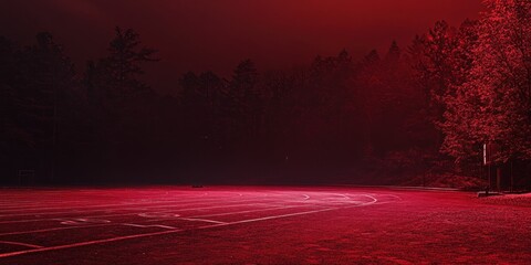 Poster - A dimly lit basketball court surrounded by trees, creating a moody atmosphere.