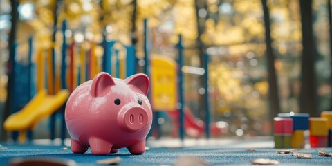 Aufkleber - A pink piggy bank on a playground, symbolizing savings and financial education for children.