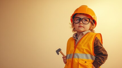 Poster - A child dressed as a construction worker, wearing a helmet and glasses, holding a small tool.